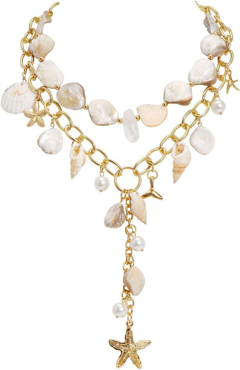 Bocar قلادة تشوكر ببيان من قوقعة البحر للنساء، قلادة شاطئية سميكة من قواقع المياه العذبة ونجمة البحر وخرز اللؤلؤ - Image 1